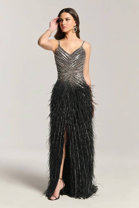 Buy_Bling Empire_Black Mesh Beads, Feathers V-neck Embellished Fall Gown _Online_at_Aza_Fashions