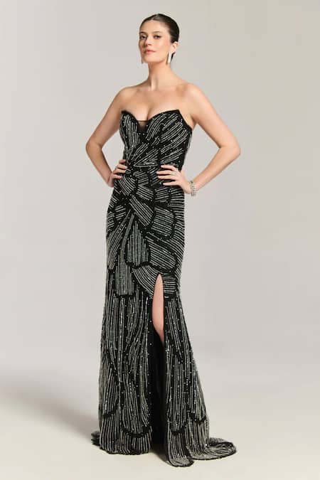 Bling Empire_Black Mesh Beads Sweetheart Neck Flower Embellished Gown _Online_at_Aza_Fashions