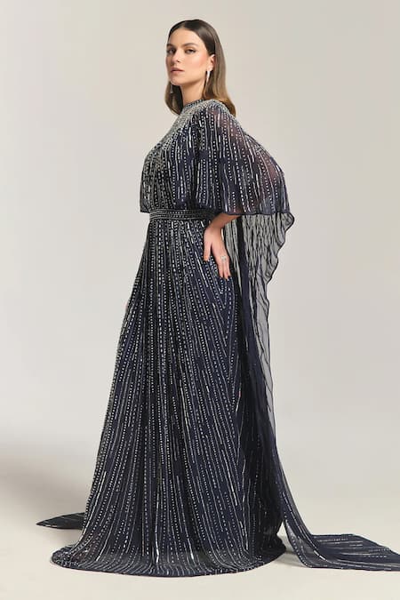 Bling Empire_Navy Mesh Beads High Neck Middle East Embellished Overlay Gown _Online_at_Aza_Fashions