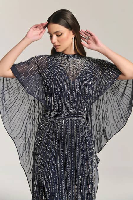 Buy_Bling Empire_Navy Mesh Beads High Neck Middle East Embellished Overlay Gown _Online_at_Aza_Fashions