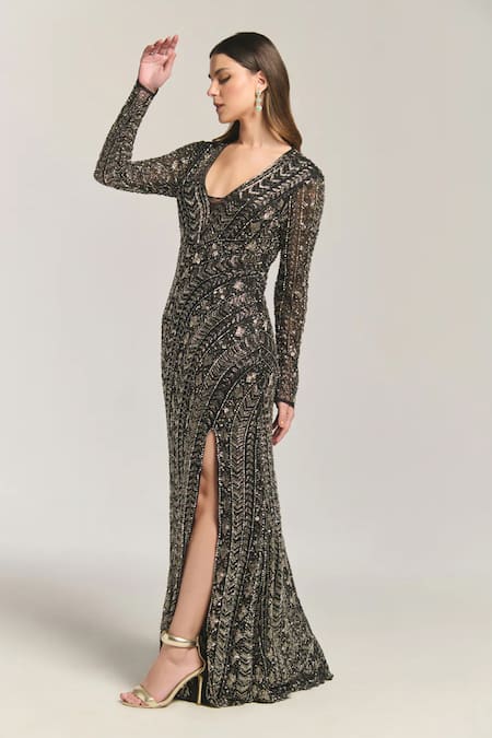 Bling Empire_Black Mesh Sequins, Beads V-neck Midnight Glow Embellished Gown _Online_at_Aza_Fashions