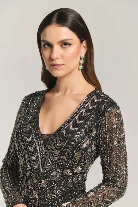 Buy_Bling Empire_Black Mesh Sequins, Beads V-neck Midnight Glow Embellished Gown _Online_at_Aza_Fashions