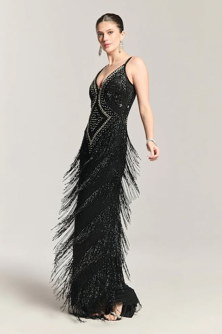 Bling Empire_Black Mesh Beads, Stones, Fringe V-neck Midnight Swing Gown _Online_at_Aza_Fashions