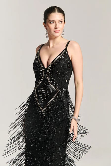Buy_Bling Empire_Black Mesh Beads, Stones, Fringe V-neck Midnight Swing Gown _Online_at_Aza_Fashions
