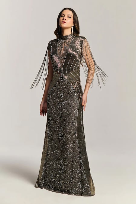 Bling Empire Moonlight Charcoal Fringe Gown 