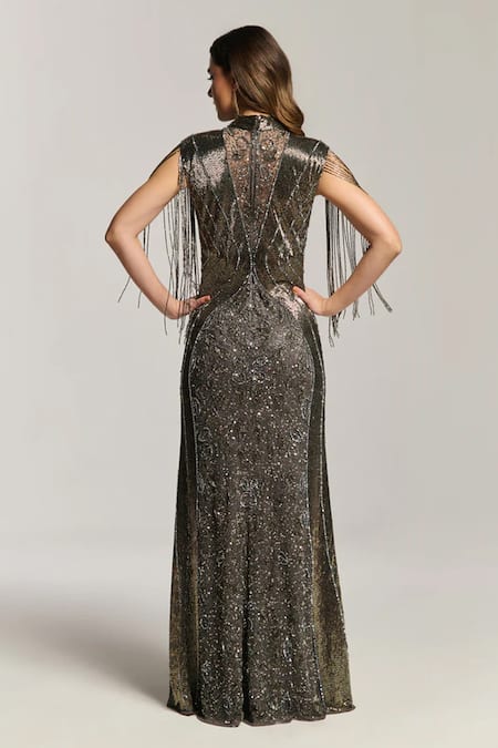 Bling Empire Moonlight Charcoal Fringe Gown 