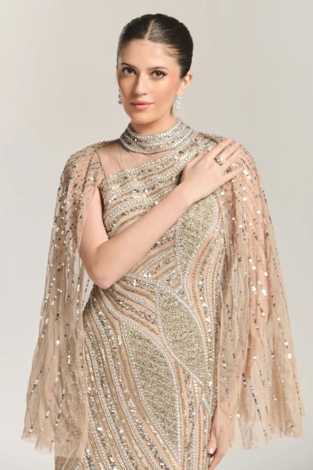 Buy_Bling Empire_Beige Mesh Beads, Fringe Choker , High Moonlight Charm Embellished Gown _Online_at_Aza_Fashions
