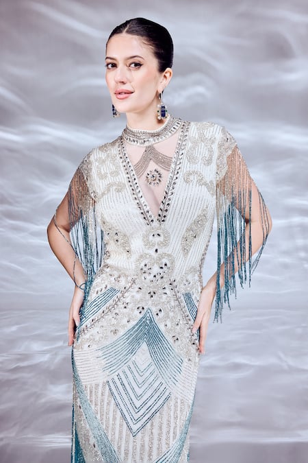 Bling Empire_Mustard Mesh Beads, Fringe Choker Neck Ombre Necklace Gown _Online_at_Aza_Fashions