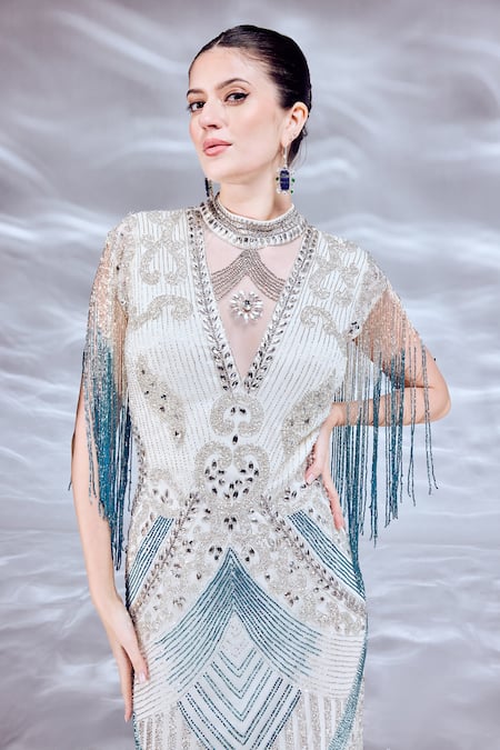 Buy_Bling Empire_Mustard Mesh Beads, Fringe Choker Neck Ombre Necklace Gown _Online_at_Aza_Fashions