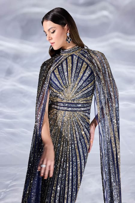 Bling Empire_Multi Color Mesh Beads, Sequins High Neck Rainbow Sparkle Work Gown _Online_at_Aza_Fashions