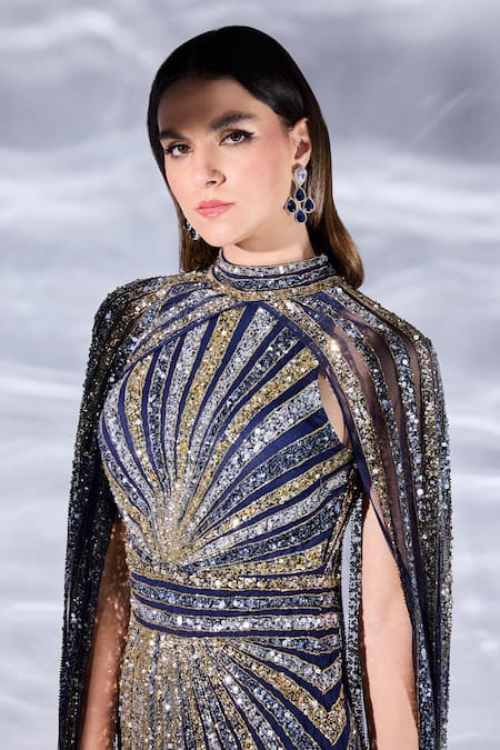 Buy_Bling Empire_Multi Color Mesh Beads, Sequins High Neck Rainbow Sparkle Work Gown _Online_at_Aza_Fashions