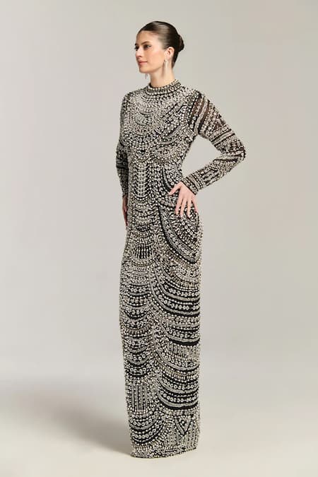 Bling Empire_Black Mesh Beads High Neck Platinum Embellished Gown _Online_at_Aza_Fashions