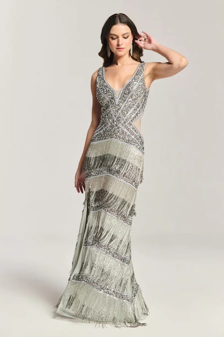 Buy_Bling Empire_Silver Mesh Beads V-neck Starry Night High Slit Gown _Online_at_Aza_Fashions