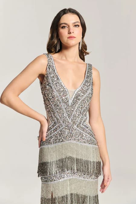 Shop_Bling Empire_Silver Mesh Beads V-neck Starry Night High Slit Gown _Online_at_Aza_Fashions