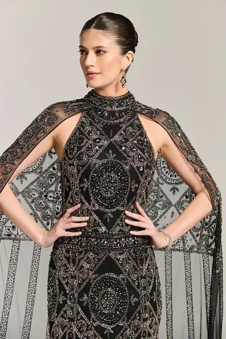 Buy_Bling Empire_Black Mesh Beads, Sequins Halter , High Stardust Queen Cape Gown _Online_at_Aza_Fashions