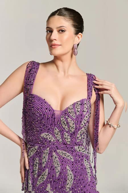 Buy_Bling Empire_Purple Mesh Beads, Fringe Sweetheart Neck Star Fish Embellished Gown _Online_at_Aza_Fashions