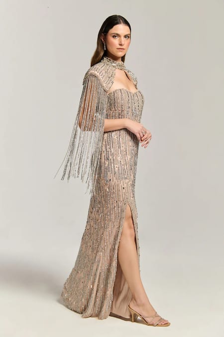Bling Empire_Beige Mesh Beads, Sequins Sweetheart Neck, Twilight Gown With Cape _Online_at_Aza_Fashions