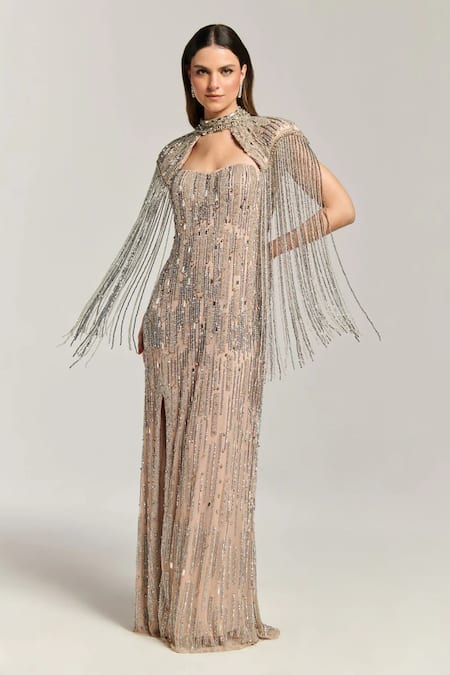 Bling Empire Twilight Fringe Gown With Fringe Cape 
