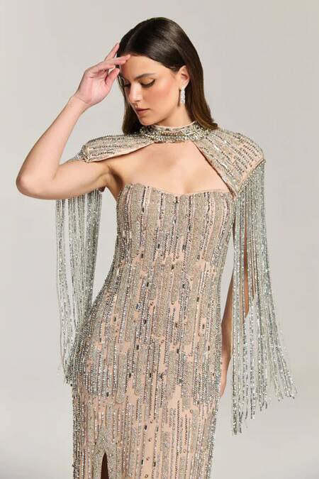Buy_Bling Empire_Beige Mesh Beads, Sequins Sweetheart Neck, Twilight Gown With Cape _Online_at_Aza_Fashions