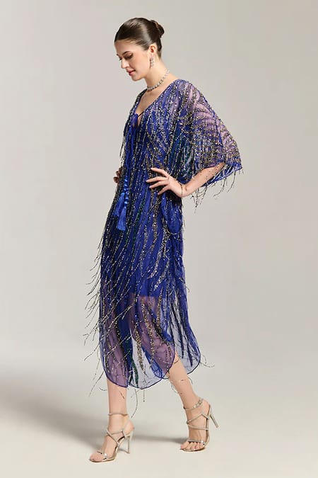 Bling Empire_Blue Mesh Beads, Tassels, Fringe V-neck Embellished Kaftan Dress _Online_at_Aza_Fashions