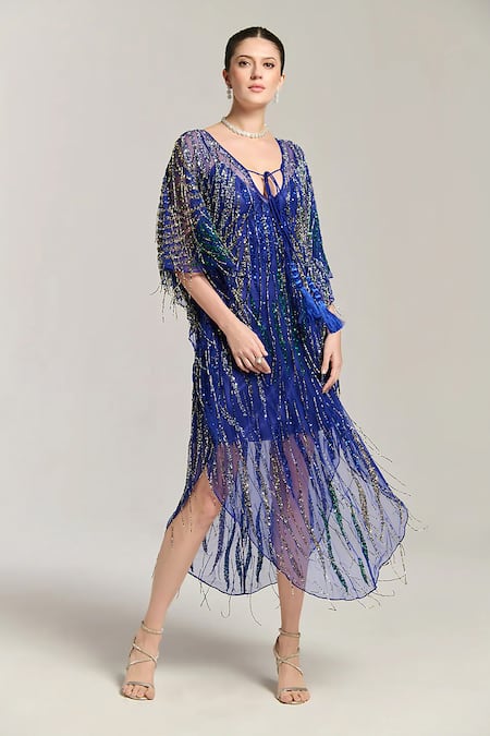 Buy_Bling Empire_Blue Mesh Beads, Tassels, Fringe V-neck Embellished Kaftan Dress _Online_at_Aza_Fashions