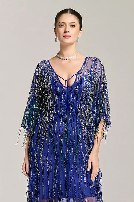 Shop_Bling Empire_Blue Mesh Beads, Tassels, Fringe V-neck Embellished Kaftan Dress _Online_at_Aza_Fashions