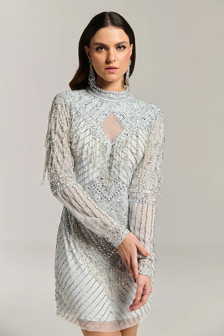 Buy_Bling Empire_White Mesh, Polyester Beads, Fringe High Neck Eclipse Embellished Dress _Online_at_Aza_Fashions