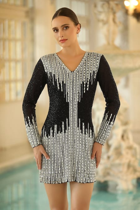 Bling Empire_Black Mesh Beads, Sequins V-neck And Silver Mini Dress _Online_at_Aza_Fashions