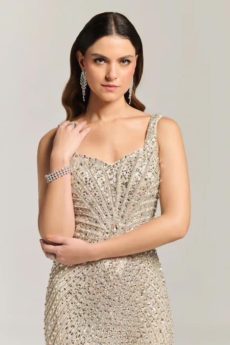 Buy_Bling Empire_Gold Mesh Sequins Scoop Neck Diamond Waves Embellished Mini Dress _Online_at_Aza_Fashions
