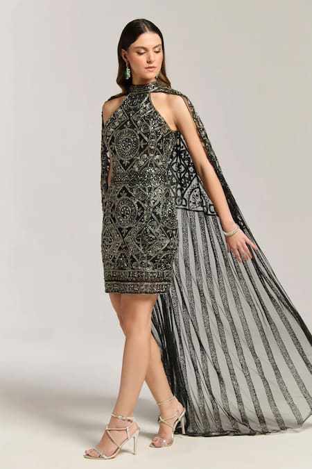 Bling Empire_Black Mesh Beads, Sequins Halter Neck Midnight Queen Embellished Cape Dress _Online_at_Aza_Fashions