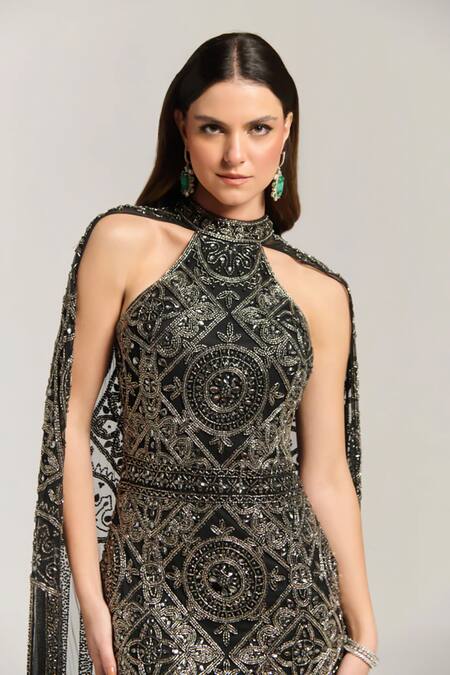 Buy_Bling Empire_Black Mesh Beads, Sequins Halter Neck Midnight Queen Embellished Cape Dress _Online_at_Aza_Fashions