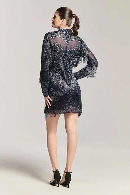 Bling Empire Navy Fringe Embellished Dress 