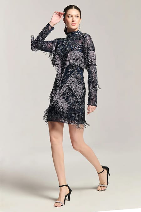 Bling Empire_Navy Mesh Beads, Fringe High Neck Embellished Dress _Online_at_Aza_Fashions