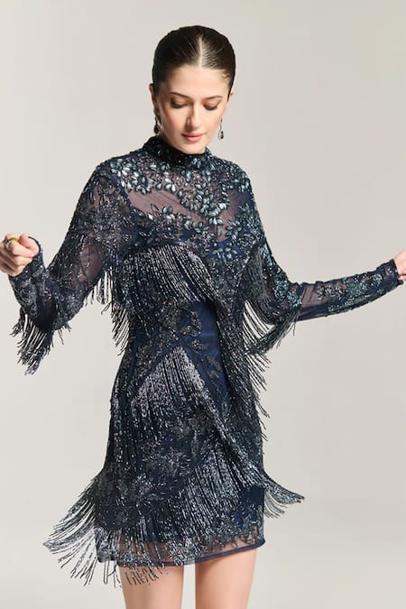Buy_Bling Empire_Navy Mesh Beads, Fringe High Neck Embellished Dress _Online_at_Aza_Fashions
