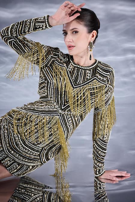 Bling Empire_Black Mesh Beads, Fringe Round Neck Old Is Embellished Dress _Online_at_Aza_Fashions