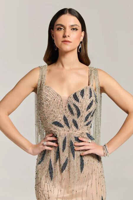 Buy_Bling Empire_Beige Mesh Beads, Sequins, Fringe Sweetheart Neck Star Fish Mini Dress _Online_at_Aza_Fashions