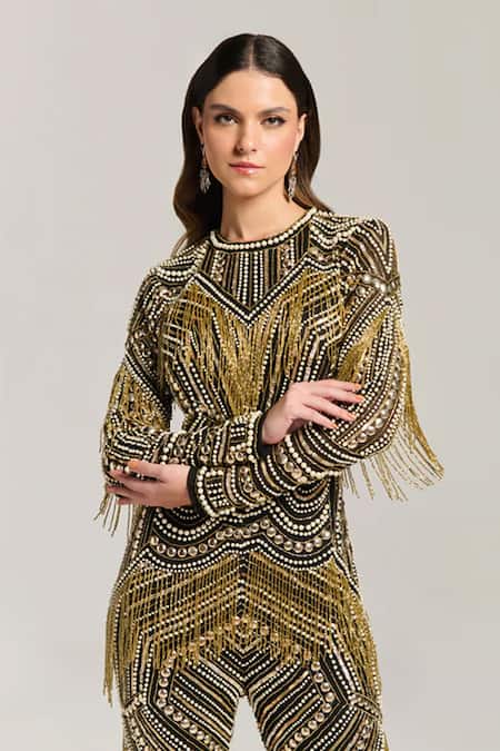 Bling Empire_Multi Color Mesh Sequins, Beads, Fringe Round Neck Golden Jumpsuit _Online_at_Aza_Fashions