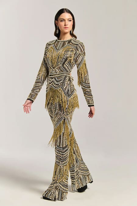 Buy_Bling Empire_Multi Color Mesh Sequins, Beads, Fringe Round Neck Golden Jumpsuit _Online_at_Aza_Fashions