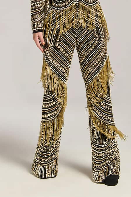 Shop_Bling Empire_Multi Color Mesh Sequins, Beads, Fringe Round Neck Golden Jumpsuit _Online_at_Aza_Fashions