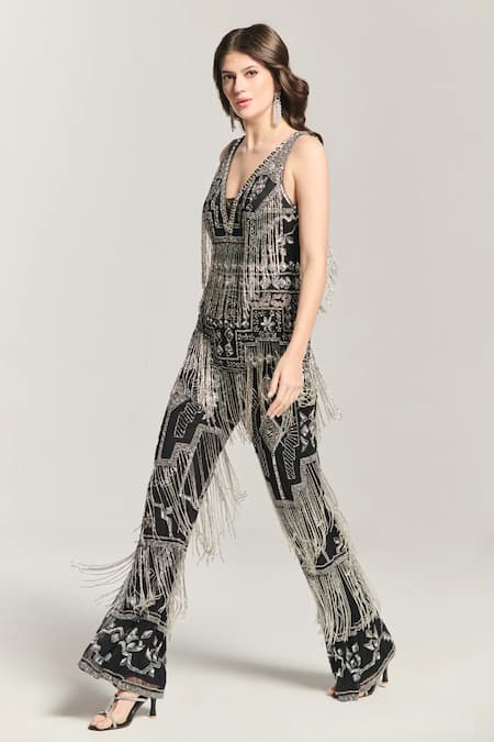 Buy_Bling Empire_Black Mesh Beads, Fringe V-neck Luxe Noir Embellished Jumpsuit _Online_at_Aza_Fashions