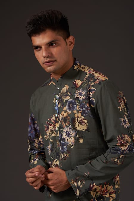 Balance By Rohit Bal_Gray Cotton Floral Digital Print Kurta Set _Online_at_Aza_Fashions