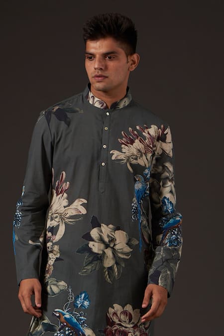Balance By Rohit Bal_Gray Cotton Floral Digital Print Kurta Set _Online_at_Aza_Fashions