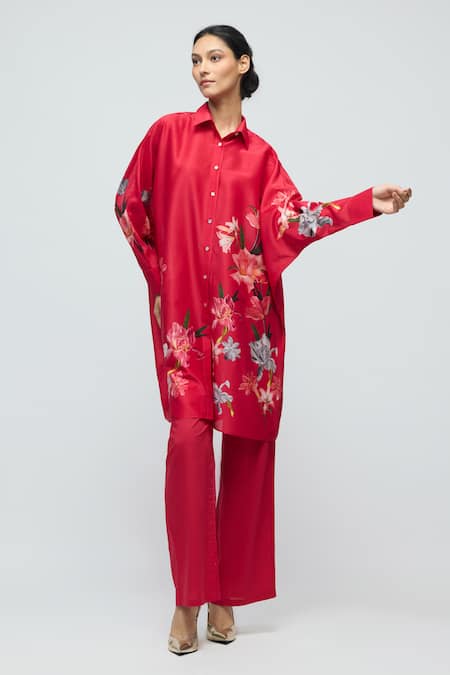 Balance By Rohit Bal_Red Chanderi Collared Floral Print Tunic _Online_at_Aza_Fashions