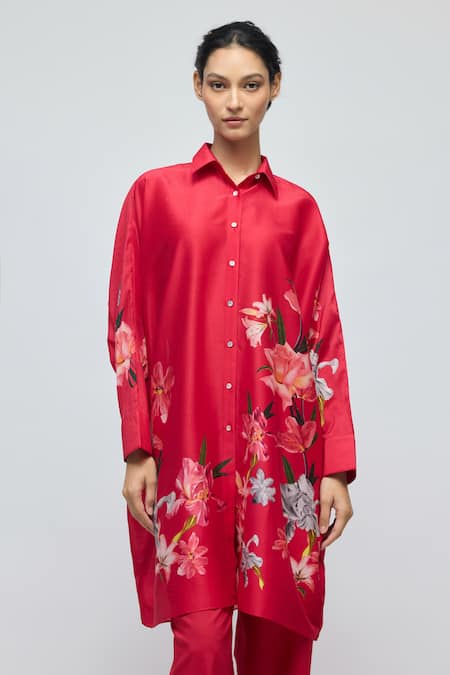 Buy_Balance By Rohit Bal_Red Chanderi Collared Floral Print Tunic _Online_at_Aza_Fashions