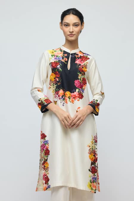Balance By Rohit Bal_Ivory Chanderi, Voile Mandarin Collar, Keyhole Floral Print Tunic With Pant _Online_at_Aza_Fashions