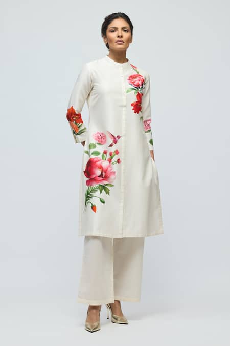 Balance By Rohit Bal_Ivory Chanderi, Voile Mandarin Collar, Floral Print Tunic With Pant _Online_at_Aza_Fashions