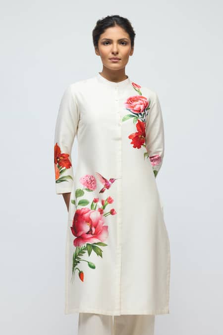 Buy_Balance By Rohit Bal_Ivory Chanderi, Voile Mandarin Collar, Floral Print Tunic With Pant _Online_at_Aza_Fashions