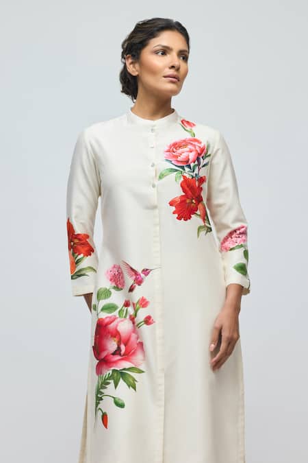 Shop_Balance By Rohit Bal_Ivory Chanderi, Voile Mandarin Collar, Floral Print Tunic With Pant _Online_at_Aza_Fashions