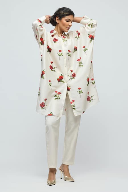 Balance By Rohit Bal_Ivory Chanderi Collared, Button-down Neck Floral Print Tunic _Online_at_Aza_Fashions