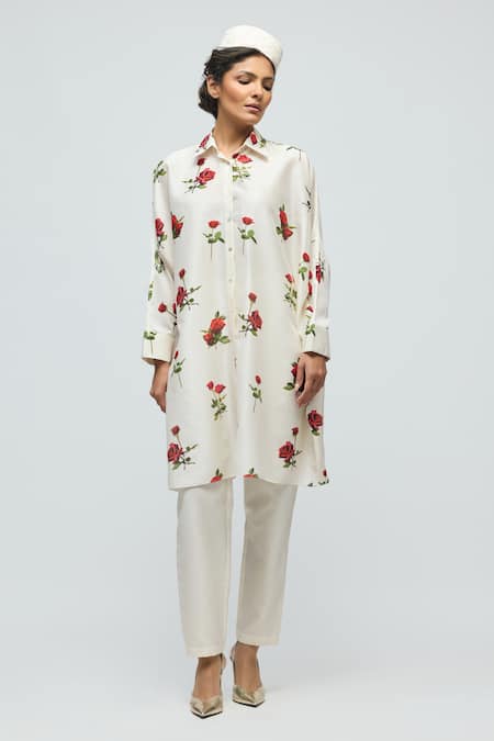 Buy_Balance By Rohit Bal_Ivory Chanderi Collared, Button-down Neck Floral Print Tunic _Online_at_Aza_Fashions